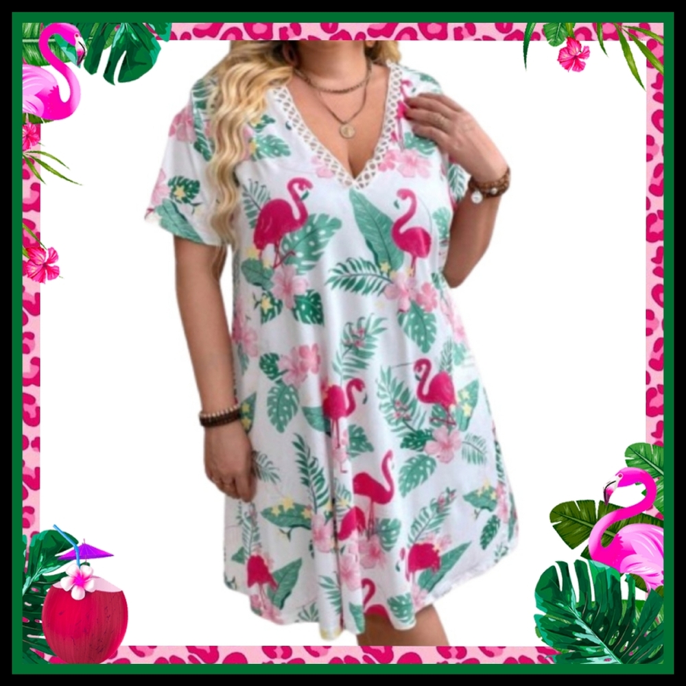 PRETTY PINK FLAMINGOS ☆ LACE TRIMMED ☆ LOUNGE DRESS ☆ NWT